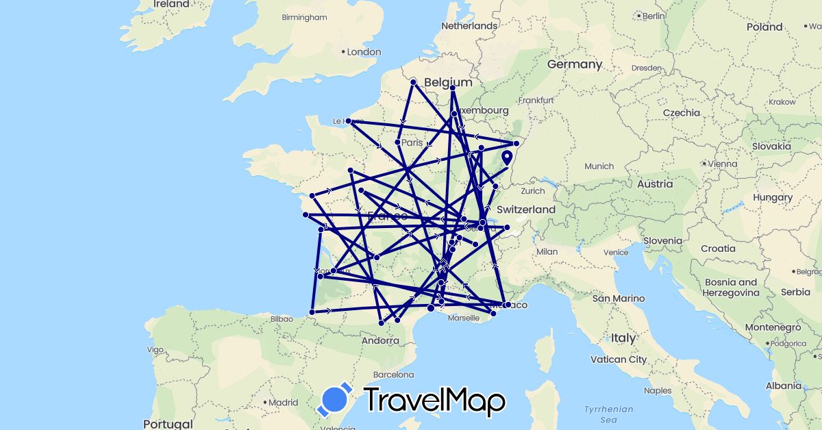 TravelMap itinerary: driving in Belgium, Switzerland, France, Monaco (Europe)